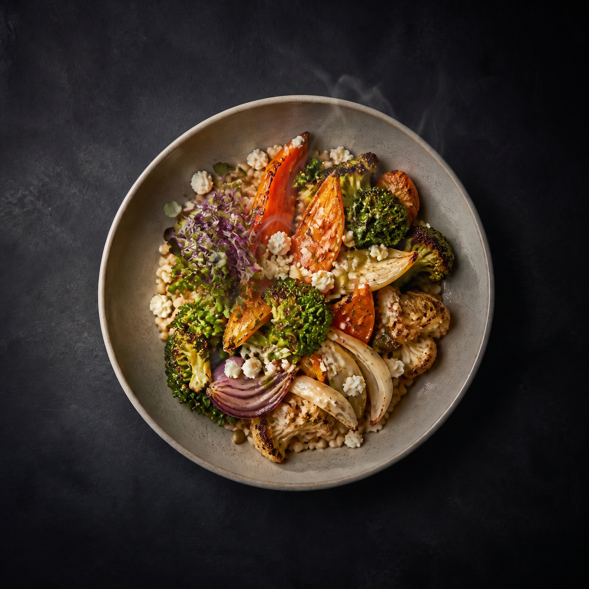 A roasted vegetable and grain bowl photographed from above